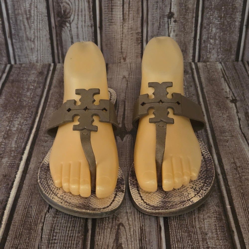 Sz 7 M Tory Burch Moore Taupe Brown Leather Thong Flat Sandals Slides VGUC!
